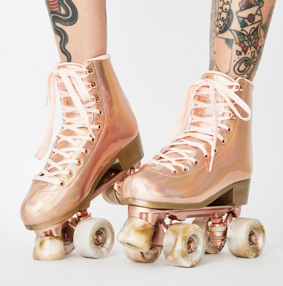 Iridescent Roller Skates with Pink Laces